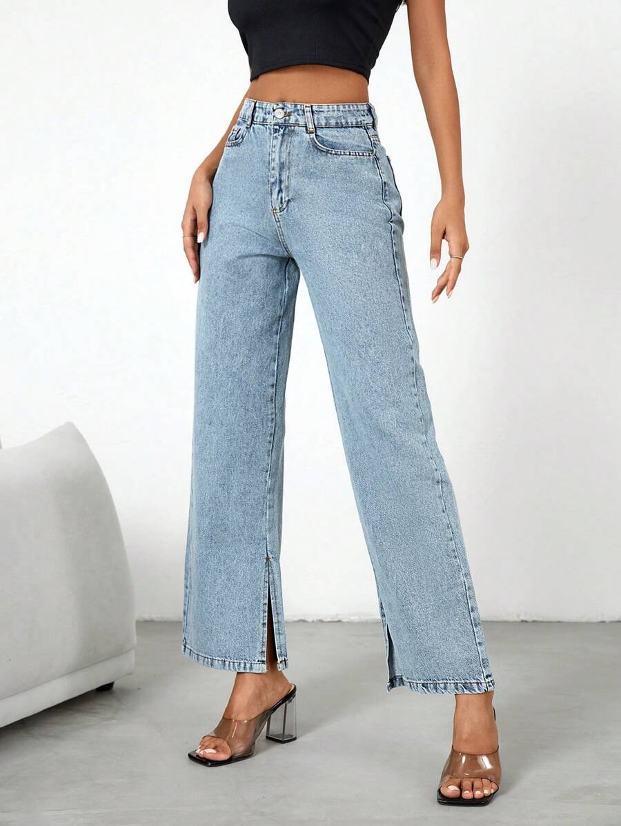 EURMUSE High Waist Split Hem Straight Leg Jeans - Light Wash - View 1