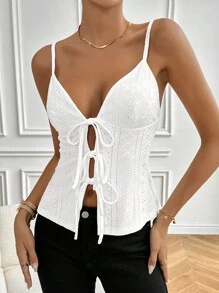 SHEIN Frenchy 夏季休閒實色空心刺繡綁帶背心