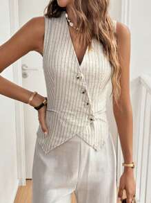 SHEIN Frenchy Áo sơ mi nữ cotton trơn màu, kiểu dáng vest, thích hợp cho kỳ nghỉ hè và mùa cưới, áo blazer không tay cổ chữ V xếp ly tối giản màu trơn phong cách boho chic với chi tiết cúc trang trí, thanh lịch, lãng mạn, dễ thương, màu trắng thiết yếu, mùa hè, mùa cưới, phong cách cottagecore, phong cách cổ điển, giáo viên, thời trang, mùa tựu trường, phong cách cổ điển, mùa thu - Xanh và trắng - Xem 3