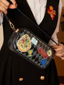 HARRY POTTER X SHEIN Badge And Rhombus Pattern Black Shoulder Bag, Express, Gifts,Valentine's Day, Back To School