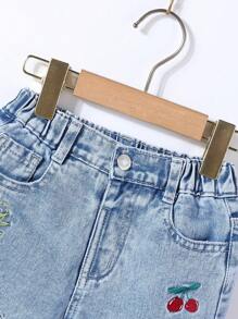 Young Girl Sweet And Cute Academy Style Cherry Heart Embroidery Bowknot Water Wash Light Blue Denim Jeans, Kids' Tapered Pants Summer Holiday - Light Wash - View 8