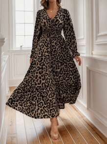 SHEIN LUNE Plus Size V Neck Leopard Print Dress With Ruched Hem And Flared Sleeves, Elegant And Stylish For Cocktail Party - Multicolor - View 5