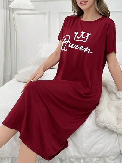 Letter Print Short Sleeve Shirt Long Pajama Night Dress, Moo Sleep Dress view 3