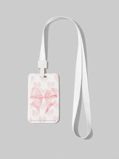 Kawaii 1pc Cute Pink Cherry & Bowknot Card Holder And Lanyard, School