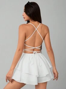 SHEIN PETITE Damen Einfacher Kreuzgurt Jumpsuit Einfarbig für den täglichen Gebrauch