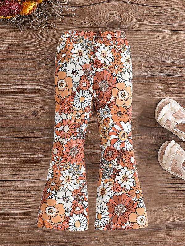 SHEIN Young Girl Knitted Floral Patchwork Casual Holiday Flared Pants