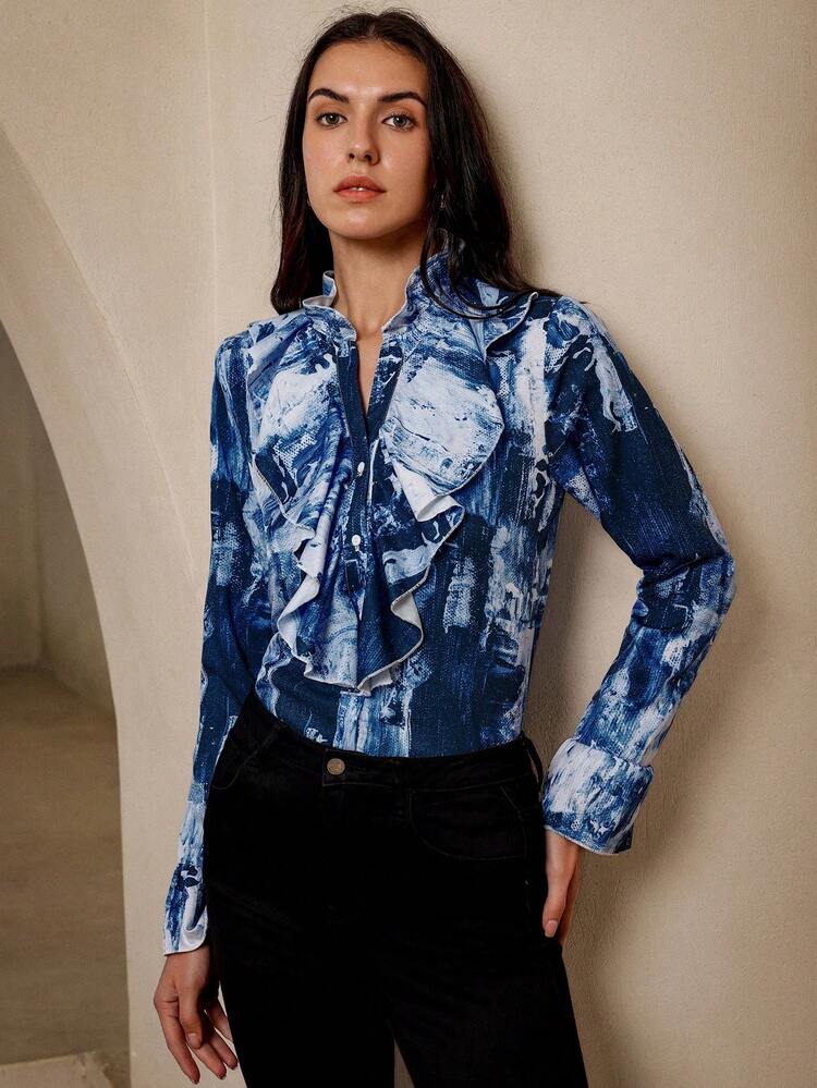 SHEIN Privé قميص طويل الأكمام واسع الأكمام مع طية صدرية عصري بتقنية رايات العنق بتصميم ورد مبهج مخطط بشكل عشوائي - متعدد الألوان - مشاهدة 3