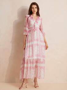 GENKIRA Random Square Print French Gentle Holiday Style Long Dress With V-Neck, Frill Trim And Bell Sleeves - Multicolor - View 1