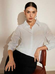Aveloria Modichic Camisa blanca con botones y cuello volteado para el trabajo, con corte holgado, detalles de aplique asimétricos y mangas largas, adecuada para mujeres de negocios en la oficina