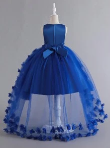 Glamorique Kids 年轻女孩蝴蝶装饰高低薄纱公主裙，适合生日或休闲派对 皇家蓝色女孩连衣裙皇家蓝色女孩连衣裙 - 藍色 - 查看 2