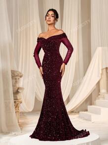 Faeriesty Vestido de noche elegante de sirena con hombros descubiertos, mangas transparentes y adornos de lentejuelas de FAERIESTY - Ideal para galas de noche, atuendos de invitados a bodas, eventos de alfombra roja y fiestas de lujo