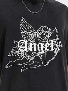 Manfinity VCAY Playera de manga corta con estampado de copos de nieve para hombre con letras en inglés y diseño de ángel pequeño, ajuste holgado, adecuada para el verano