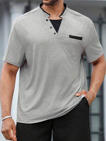 Manfinity Homme 男士加大码夏季拼色 V 领短袖休闲 T 恤，适合外出