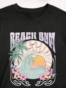 SHEIN LUNE Áo thun cổ tròn mùa hè dành cho nữ có họa tiết hoàng hôn & bãi biển, trang phục đi biển - màu đen - Xem 3