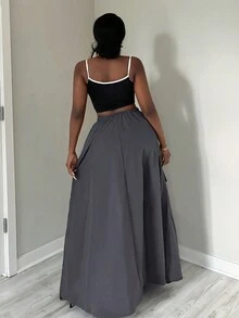 SHEIN SXY Nữ Dây Rút Nhiều Túi Chia Thể Thao Rời Váy Ngoài Trời Thu Đông Kỳ Nghỉ Thanh Lịch Ngày Tiệc Đêm Gợi Cảm - Xám - Xem 2