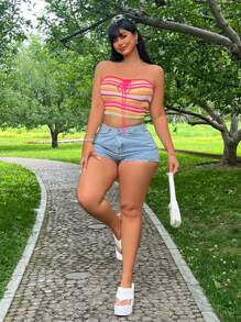 Flirla Plus Size Women's Colorful Striped Knitted Front Tie Halter Top, Summer - Multicolor - View 3