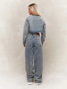 MISSGUIDED Washed Raw Hem Pocket Crop Long Sleeves Jacket And Wide Leg Boyfriend Fit Jeans Two Piece Co-Ord Set - Blue - View 2