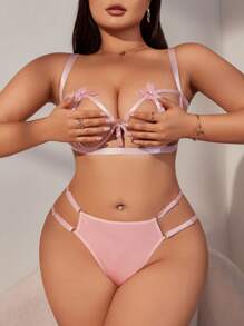 SHEIN Plus Size Hollow Out Solid Color See-Through Bra And Thong Pink Sexy Lingerie Set - Pink - View 5