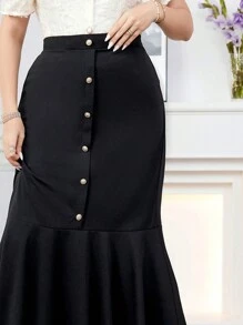 Mulvari Plus Size Summer Elegant Solid Color Front Button Mermaid Skirt - Black - View 7