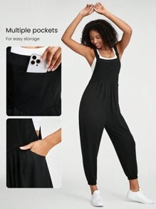 GLOWMODE 23" Waffle-Knit Soft Adjustable Straps Multi Pockets V-Shaped Waistline Cozy Jogger Overalls Daily Casual - Black - View 4