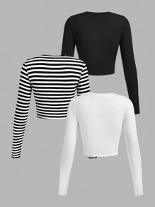 SHEIN EZwear 3 chiếc áo thun tay dài cổ tròn in họa tiết sọc, ngôi sao, quả anh đào đơn giản, giản dị dành cho nữ, phù hợp cho mùa thu/đông - Đen và trắng - Xem 2