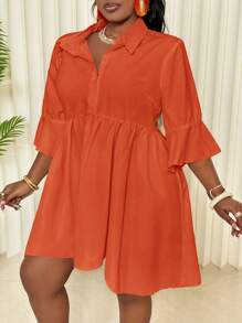 Slaydiva PLUS時尚通勤和日常休閒白色修身連衣裙，半扣式和不對稱的下擺設計，短袖，短款，適用於春夏季節 - 橘色 - 查看 3