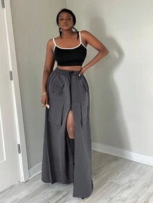 SHEIN SXY Nữ Dây Rút Nhiều Túi Chia Thể Thao Rời Váy Ngoài Trời Thu Đông Kỳ Nghỉ Thanh Lịch Ngày Tiệc Đêm Gợi Cảm - Xám - Xem 5