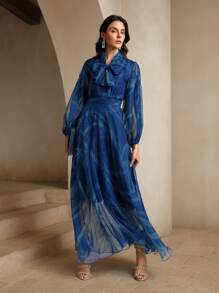 Anewsta Ladies' Delicate Klein Blue Ribbon Printed Dress Maxi Women Outfit - Blue - View 5
