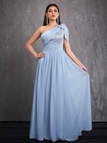Mgiacy Sequined One-Shoulder Wrapped Chest Pearl Chiffon High-End Evening Dress - Blue - View 1