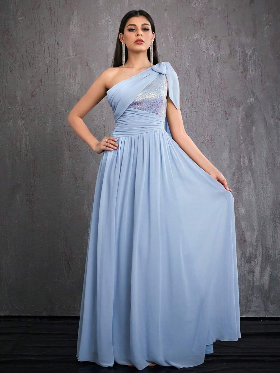 Mgiacy Sequined One-Shoulder Wrapped Chest Pearl Chiffon High-End Evening Dress - Blue - View 1