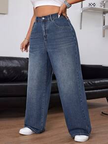 SHEIN ICON Jeans rectos de tiro alto con cinturón, presillas, bolsillos normales y pierna holgada con estampado de letra para tallas grandes