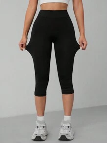 SHEIN PETITE 休闲黑色高腰3/4长紧身打底裤，适合夏季穿着 - 黑色 - 查看 7