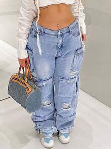 Damskie jeansy casualowe z kieszeniami i rozdarciami w jednolitym kolorze