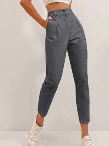 Cloudara Fold Pleated Detail Cropped Carrot Pants - Dark Grey - View 7