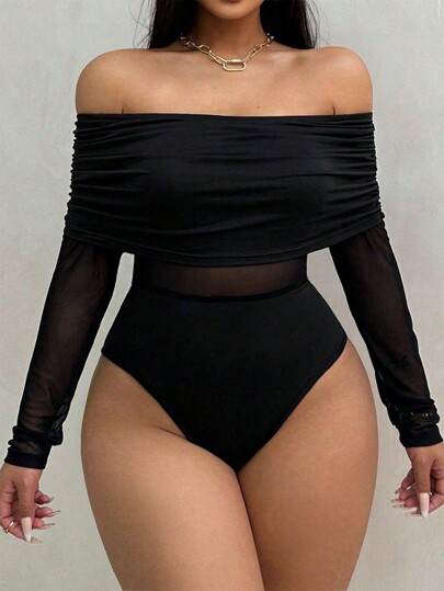 Rometta Body negro manga larga acuchillada con hombros descubiertos talla grande para mujer