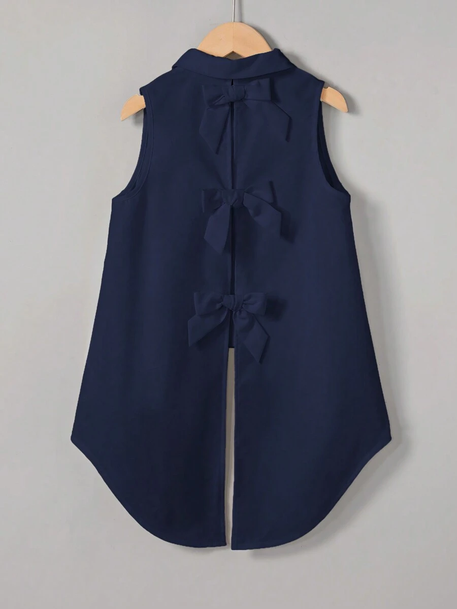 SHEIN Essnce Women Casual Solid Color Commute Vacation Sleeveless Spring/Summer Back Split Bow Knot Loose Blouse Work Blouse - Navy Blue - View 1