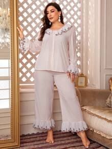 PalaceNights Plus Floral Print Ruffle Trim Flare Sleeve PJ Set / Pajama Set - Baby Pink - View 3