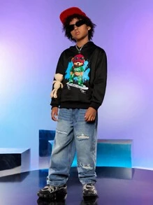 SHEIN Explorewe Boys' Hooded Knit Sweatshirt With Printed Design, Matching Doll Included - Black - View 6