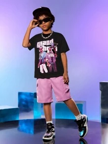 SHEIN Explorewe Tween Boys' Letter Slogan & Portrait Printed Short Sleeve Shirt And Utility Shorts Streetwear Fashion Summer Outfit - Black - View 1