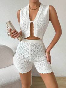 SHEIN Essnce Sexy Hollow Knit Cardigan & Shorts Set, Women's Casual 2pcs Short Top And Sweater