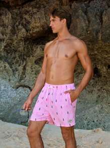 Manfinity Men's Pineapple Print Drawstring Waist Loose Fit Beach Shorts For Vacation