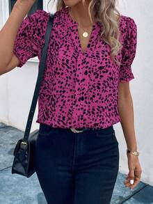 SHEIN LUNE Blusa con mangas globo y cuello con muescas con estampado completo - Rosa Fucsia - Ver 7