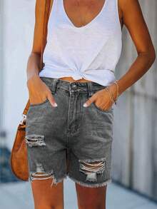 Women High-Waisted Frayed Edge Ripped Straight-Leg Denim Shorts - Grey - View 4