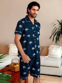 Bộ đồ mặc nhà ngắn tay in nhiệt đới thường ngày mùa hè dành cho nam - Màu xanh hải quân - Xem 3