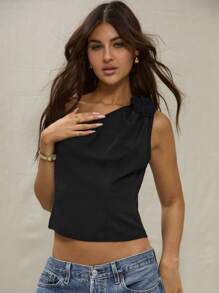 MUSERA 黑色单肩编织上衣，休闲夏季款 - 黑色 - 查看 1