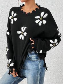 SHEIN LUNE Best-Selling Ripped Long Sleeve Loose Knitted Sweater With Small Flower Embellishment, Autumn/Winter New Arrivals - Black - View 6