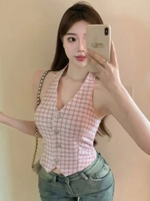 DAZY Valentine's Day Pink Plaid V-Neck Halter Party & Back To School Tank Top For Women