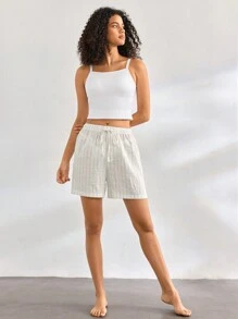 Ocili Leisure Women's Comfortable Striped Linen Waist Tie Shorts For Home Wear - Khaki - View 6