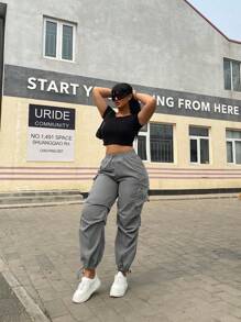 POPSWAY Plus Size Casual Solid Color Multi-Pocket Drawstring Trousers Cargo Pants