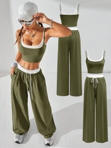 Coolane 女士時尚街頭風格色塊拼接套裝，春夏季，2合1背心加色塊褲 - 軍綠色 - 查看 8